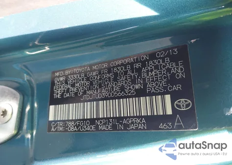 2013 Toyota Yaris Le z USA, uszkodzony, nr VIN JTDJTUD39DD566325